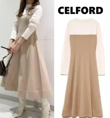 새상품급 CELFORD 보틀넥 바이컬러 홀가먼트 니트 원피스