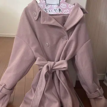 허리 리본 포함 롱 코트 핑크
