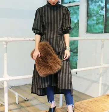 투데이풀 자수 스트라이프 자카드 원피스