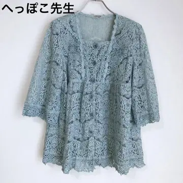 오부소매 블라우스 셔츠 비침 레이스 면 혼방 일본제 블루