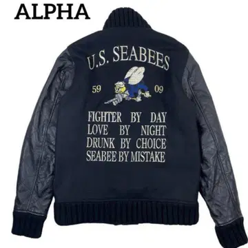 알파 alpha 소매 가죽 바시티 자켓 백 자수 안쪽 퀼팅 50th