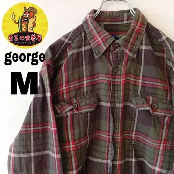 USA 구제 의류 george 플란넬 셔츠 M 카키 오렌지 체크
