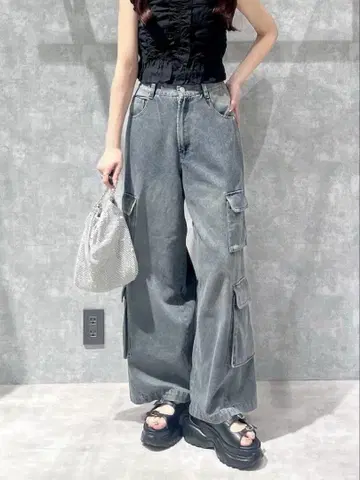 Heather 하이웨스트 와이드 데님 카고 팬츠 M