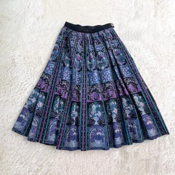 vintage 바로크풍 아트 프린트 플레어 개더 롱 스커트