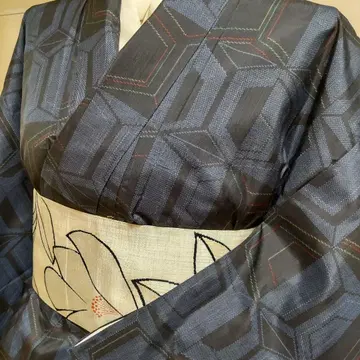 순수 실크 본고장 오시마 명주 7말 겹겹 거북 무늬 기모노 (526)
