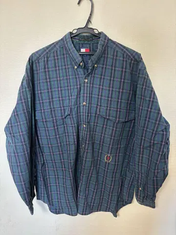 아메카지 스트릿 TOMMY 플란넬 셔츠 네이비 계열 체크 무늬