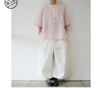 LinenYa 린넨 린넨 밴드 카라 반팔 셔츠 핑크