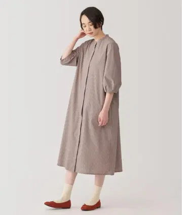 무인양품 건조하기 쉬운 브로드 7부 소매 원피스 브라운
