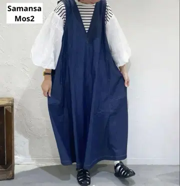 사만사 모스모스 SamansaMos2 데님 스티치 워크 오버롤 스커트