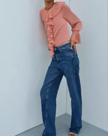 [ ZARA ] 프릴 시어 블라우스 살몬 핑크 유럽/미국S 사이즈