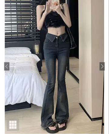 허리 접힘 프린지 플레어 데님