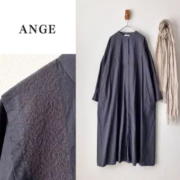ANGE 자수가 멋진 인도 면 원피스 밴드 카라 히요쿠 버튼 프론트 오픈