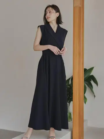 anuans 더블 새틴 테일러드 플레어 원피스 S 네이비