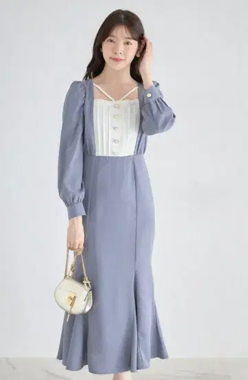 tocco closet 펄 장식 단추 요크 절개 배색 원피스
