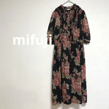 미후지 Mifuji 꽃무늬 원피스 장미 레트로 여성용 블랙 M