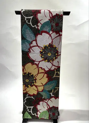 후쿠로 오비 블랙 골드 라메 벚꽃 패턴