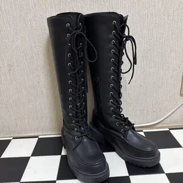 새상품급 블랙 사이드 지퍼 레이스업 롱 부츠