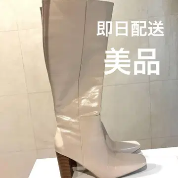 미사용 화이트 베이지 가죽 롱 부츠 24.0 cm