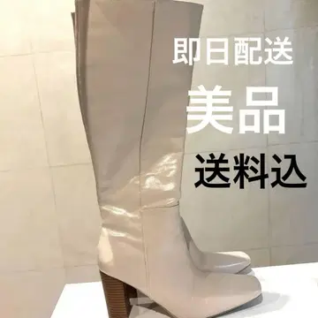 미사용 화이트 베이지 가죽 롱 부츠 24.0 cm