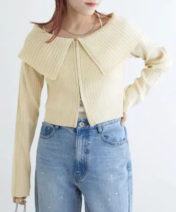 w closet 라메 혼방 리브 편직 오프숄더 가디건