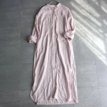 시너리 스트라이프 롱 셔츠 원피스 밴드 카라 핑크