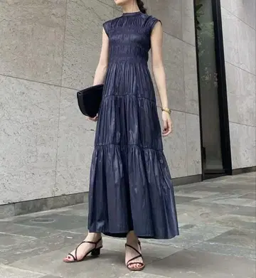 L'Or 셔링 개더 드레스 다크 네이비