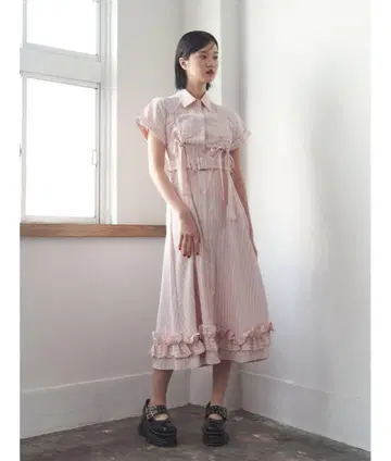 jouetie 개더 리본 롱 셔츠 원피스