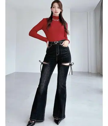 컷 아웃 리본 데님 팬츠
