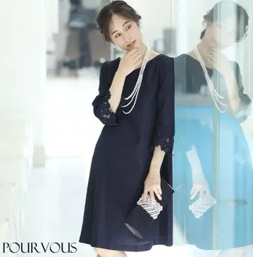 POUR VOUS 네이비 7부 소매 원피스