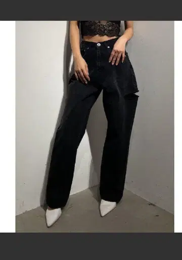GYDA 하이 웨스트 사이드 데미지 와이드 데님 팬츠 S 사이즈 블랙