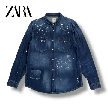 ZARA 자라 데님 셔츠 긴팔 데미지 가공 페인트 L