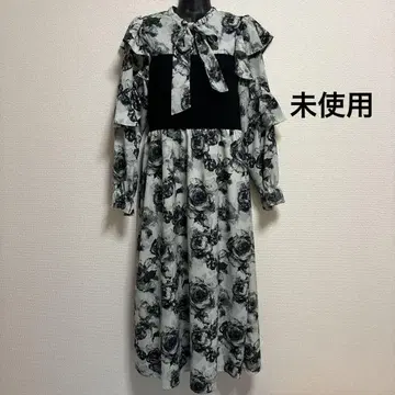 미사용 레트로 걸리시 꽃무늬 리본 프릴 롱 원피스 밴딩 긴팔