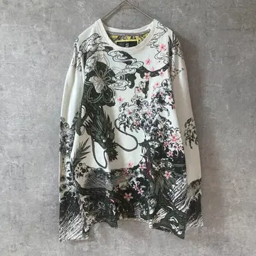 아라시마이 용과 벚꽃 올 패턴 긴팔 티셔츠 일본풍 패턴