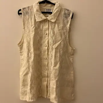 빈티지 vintage 80s 린넨 슬리브리스 블라우스 레이스