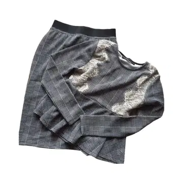 나르시스 체크 레이스 페플럼 상의 타이트 스커트 셋업