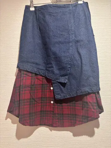 데님 빨간색 체크 레이어드 스커트 빈티지