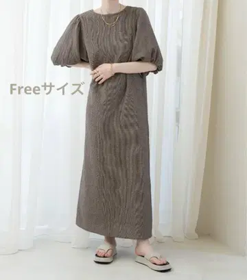 hinari 체크 무늬 퍼프 슬리브 원피스