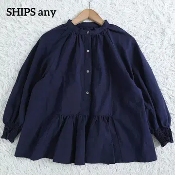 SHIPS any 축구 페플럼 개더 블라우스 네이비 시어서커 F