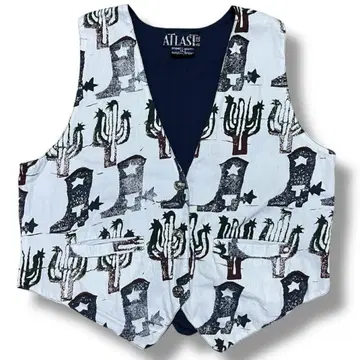 atlast&co 80s 90s 웨스턴 부츠 패턴 베스트 네이비 버튼