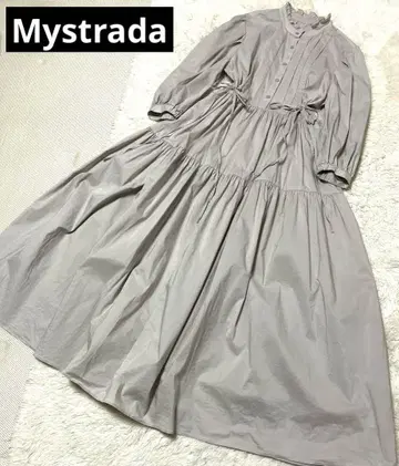 Mystrada 플레어 티어드 롱 원피스 사이드 리본 스탠드 카라