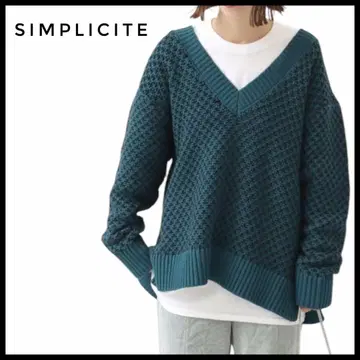 Simplicite 니트 풀오버 깊은 V넥 니트 그린 프리 사이즈