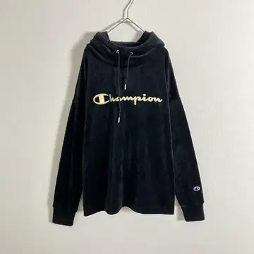 Champion 후드티 맨투맨 벨로아 자수 로고 블랙 골드