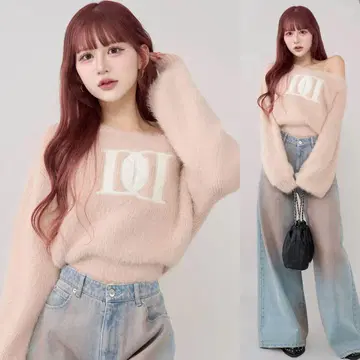 다리치 DD 로고 원숄더 니트탑 핑크