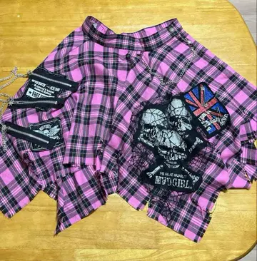 MAD PUNKS 머드펑크스 핑크 체크 스커트 스컬 안전핀