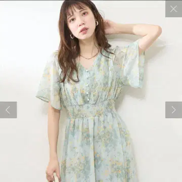 내추럴 꾸뛰르 플레어 슬리브 고급 원피스 그린 계열 꽃무늬