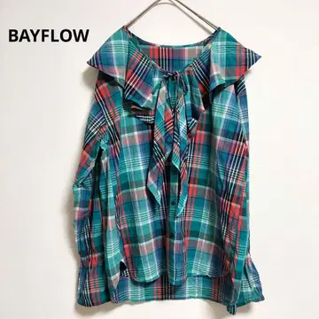 새상품급 BAYFLOW 모듬 프릴 블라우스 마드라스 체크 그린