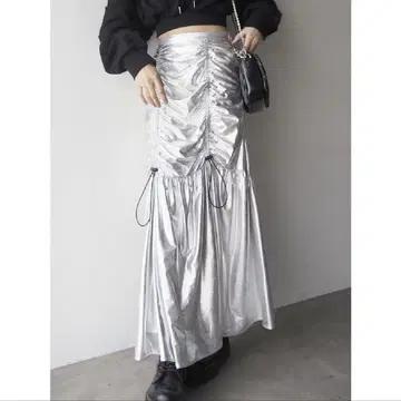 EVRIS 셔링 슬릿 롱 스커트 실버 샘플