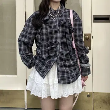 [ Seoup ] 체크 무늬 개더 리본 블라우스 S 사이즈