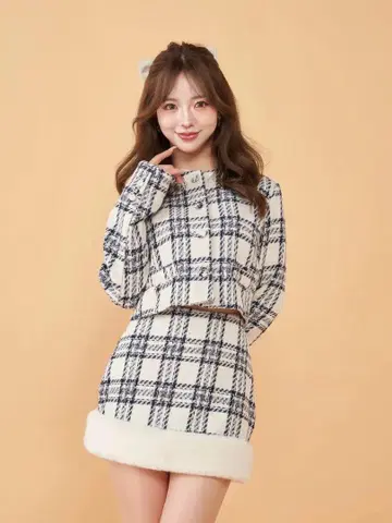 darich 숏 트위드 자켓 도킹 퍼 트위드 미니 스커트