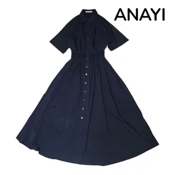 아나이 컬러 셔츠 2way 플레어 롱 원피스 네이비 반팔